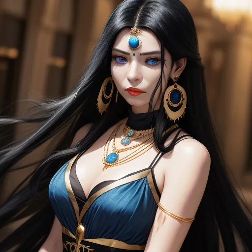 text-to-image ai free - a woman with long black hair wearing a blue dress and gold jewelry and earrings with a blue background and a building, by Edmond Xavier Kapp