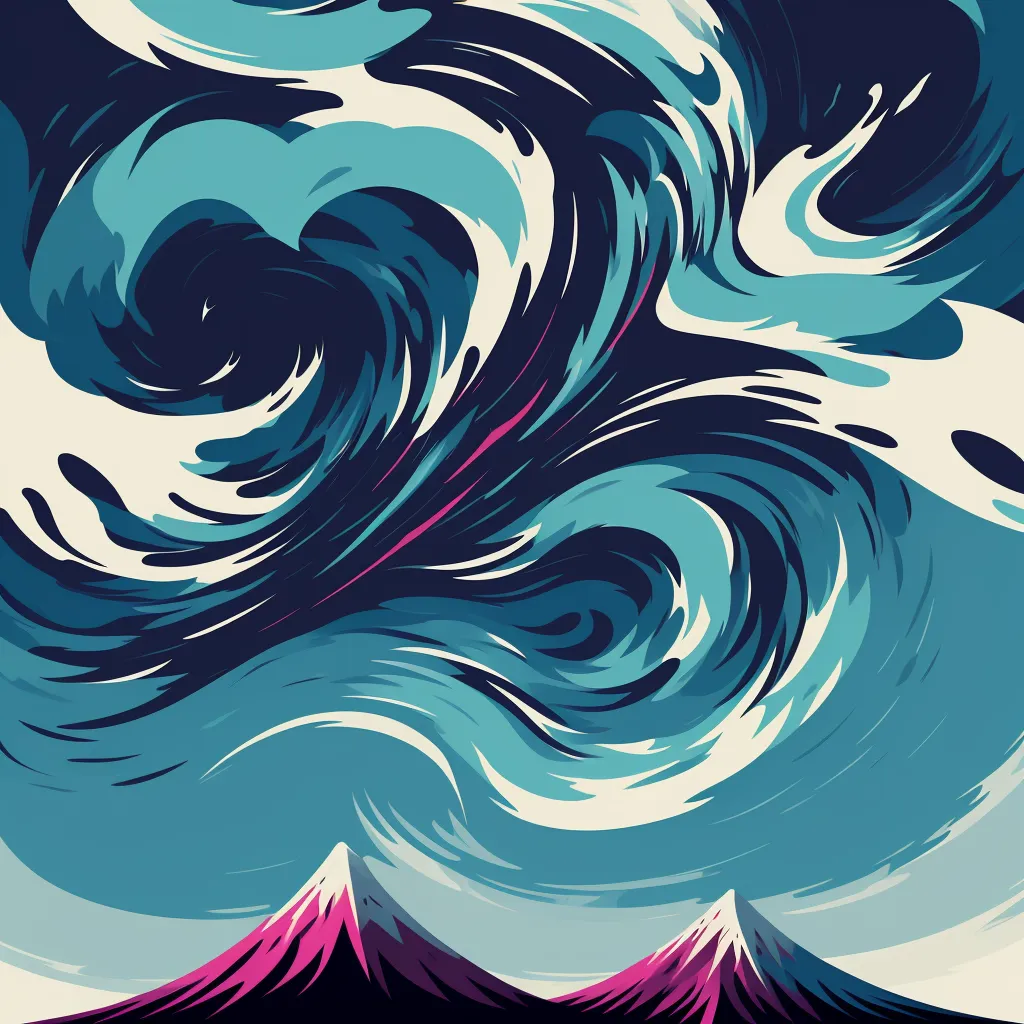 a painting of a wave in the sky with mountains in the background and a sky background with clouds and mountains, by Gabriel Ba