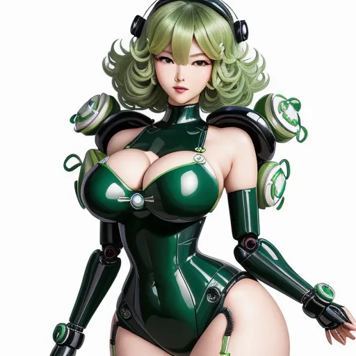 a cartoon character with green hair and a green outfit and headphones on her head and hands on her hips, by Masamune Shirow