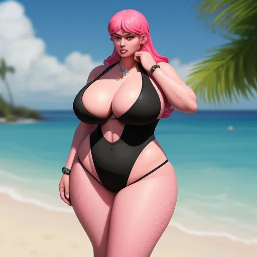 a woman in a black bikini standing on a beach next to the ocean with a palm tree in the background, by Toei Animations