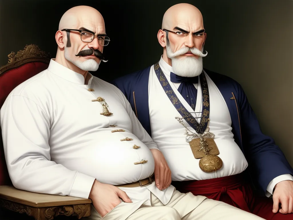 increase resolution of photo - two bald men sitting next to each other in a chair with medals on their necks and beards on, by Terada Katsuya