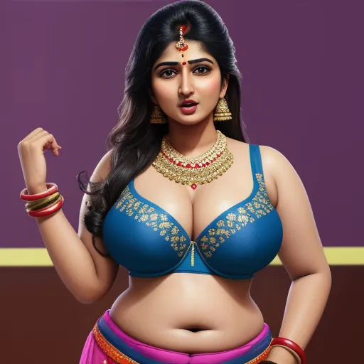 word to image generator ai - a woman in a bra top and skirt posing for a picture with her hand on her hip and a purple background, by Raja Ravi Varma