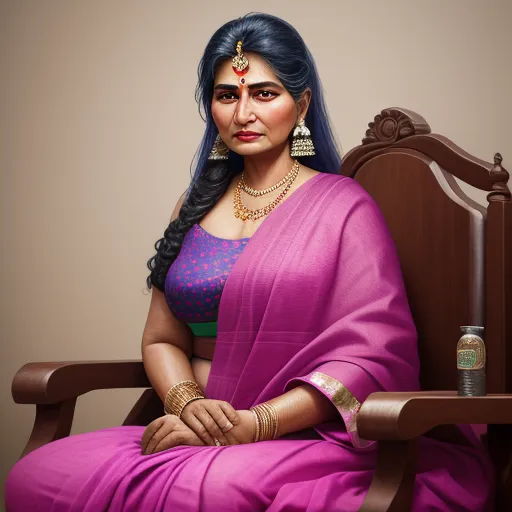 a woman in a pink sari sitting on a wooden chair with a bottle of wine in her hand, by Raja Ravi Varma