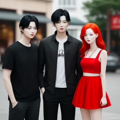 turn image into hd - three people standing next to each other on a street corner with a building in the background and a red haired woman in the foreground, by Sailor Moon