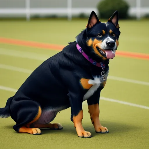 a dog sitting on a tennis court with a ball in its mouth and tongue out, with a tennis court in the background, by Pixar Concept Artists