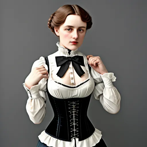 a woman in a white blouse and black skirt with a black bow tie on her neck and a black skirt on her waist, by Thomas Allom