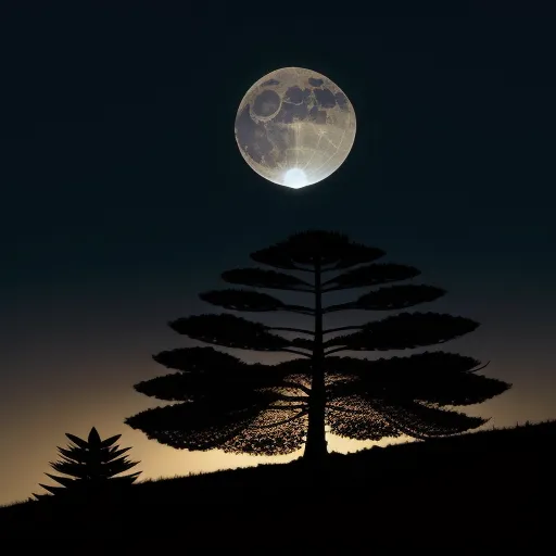 what is high resolution photo - a full moon is seen behind a tree in the night sky with a silhouette of pine trees in the foreground, by Peter Holme III