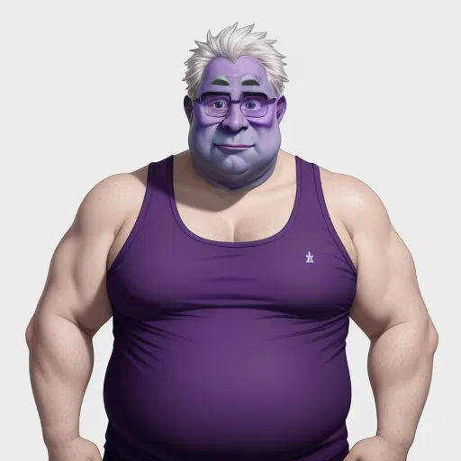 a man with a big belly and glasses on his face is standing in front of a white background and has a purple tank top, by Hirohiko Araki