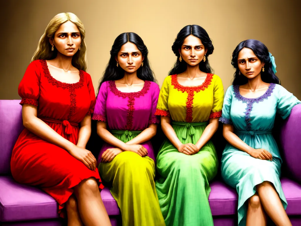 photo images - three women sitting on a couch in dresses with their legs crossed and their legs crossed, with one woman in the middle of the group, by Raja Ravi Varma