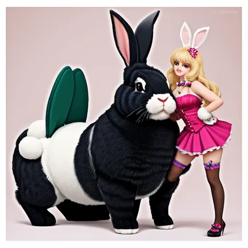 image high - a woman in a pink dress standing next to a black and white rabbit with a green tail and a pink dress, by Mark Ryden