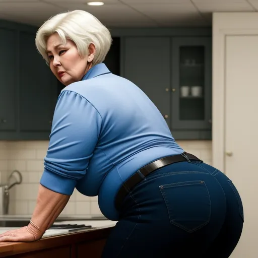 how to make photos high resolution - a woman in a blue shirt leaning over a counter top in a kitchen with a sink and cabinets behind her, by Billie Waters