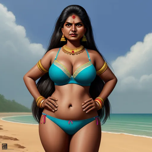 image resolution enhancer - a woman in a bikini standing on a beach next to the ocean with her hands on her hips and her hands on her hips, by Raja Ravi Varma