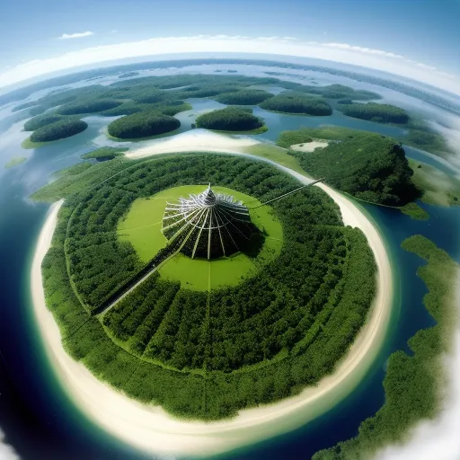 a circular structure in the middle of a green field surrounded by water and trees in the middle of a blue sky, by Taiyō Matsumoto