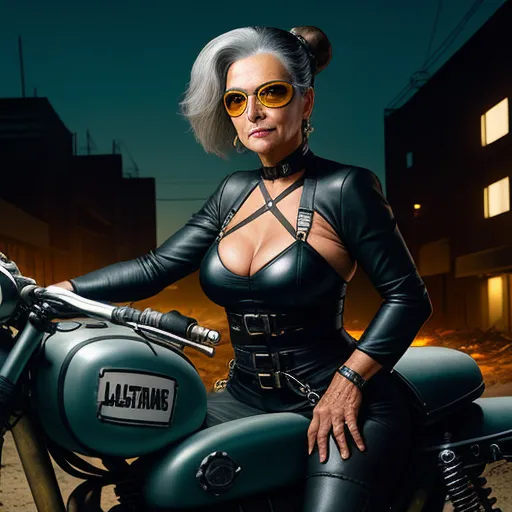 a woman in a leather outfit sitting on a motorcycle in the street at night with a dark background and a building, by François Quesnel