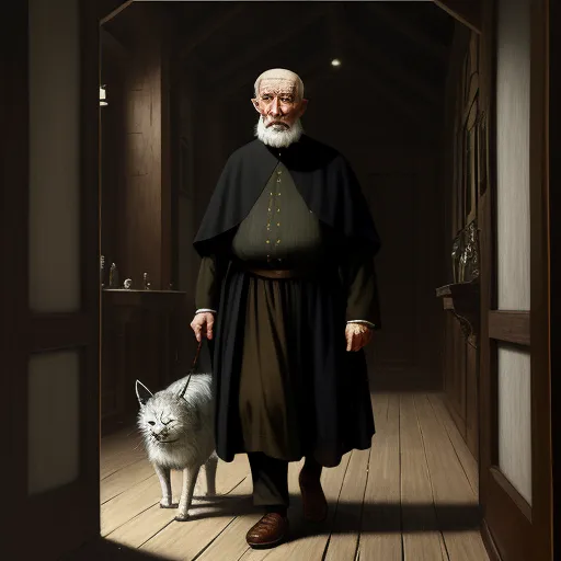 a painting of a man with a dog in a hallway with a door open to a hallway leading to another room, by Geertgen tot Sint Jans