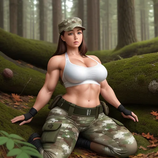 ai generate image - a woman in a military outfit sitting on the ground in a forest with mossy trees and a mossy area, by Terada Katsuya
