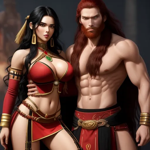 a couple of sexy women standing next to each other in costume and a man with a beard and a beard, by Chen Daofu