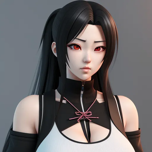 make any photo hd - a woman with long black hair and red eyes wearing a black and white top with a spider on it, by Bakemono Zukushi