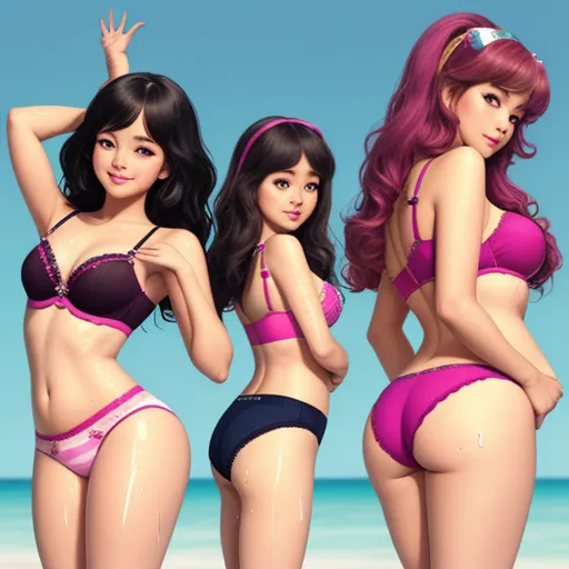 three women in bikinis standing on a beach with a sky background and a blue sky in the background, by Toei Animations