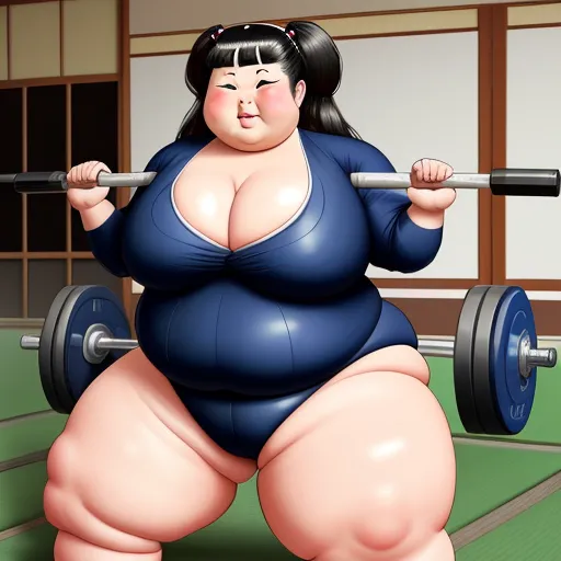 a fat woman lifting a barbell in a gym area with a green floor and a green wall behind her, by Rumiko Takahashi