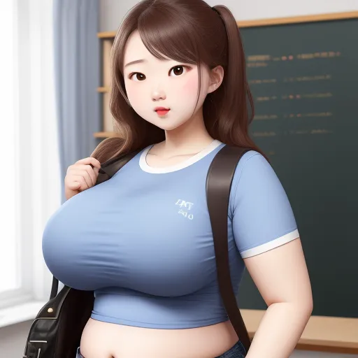 how to fix low resolution photos - a woman with a big breast standing in front of a chalkboard with a backpack on her shoulder and a handbag on her shoulder, by Terada Katsuya