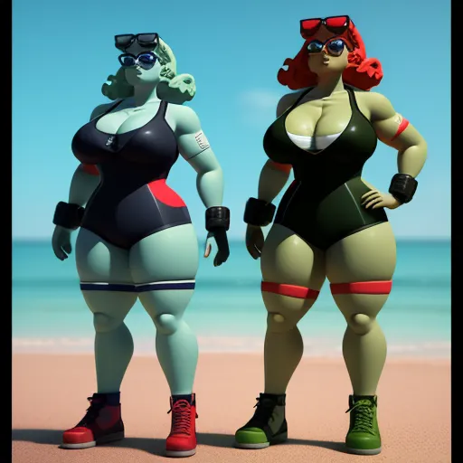 best online ai image generator - two cartoon characters standing on a beach next to the ocean, one in a bathing suit and the other in a bathing suit, by Kaws