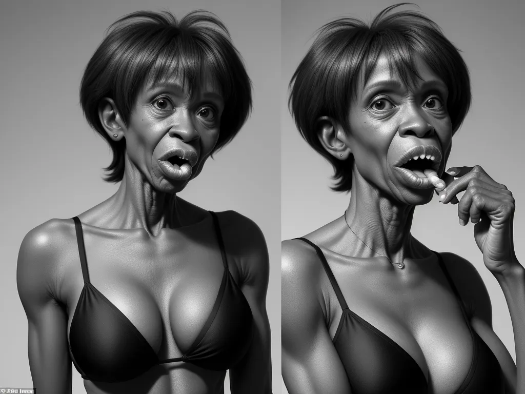 4k picture resolution converter - a woman in a bra top brushing her teeth with a toothbrush in her mouth and a woman in a bra top with a toothbrush in her mouth, by Pixar Concept Artists