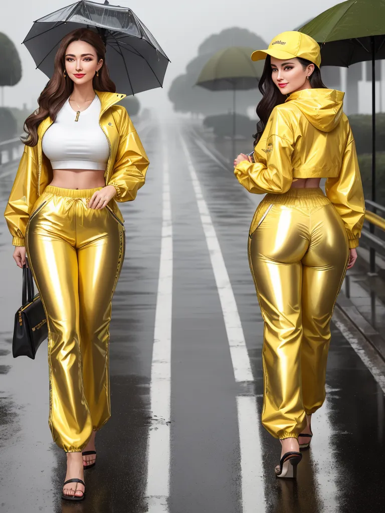 image high - two women in shiny gold outfits holding umbrellas in the rain, one of them is wearing a white crop top and the other is wearing a yellow hat, by Sailor Moon