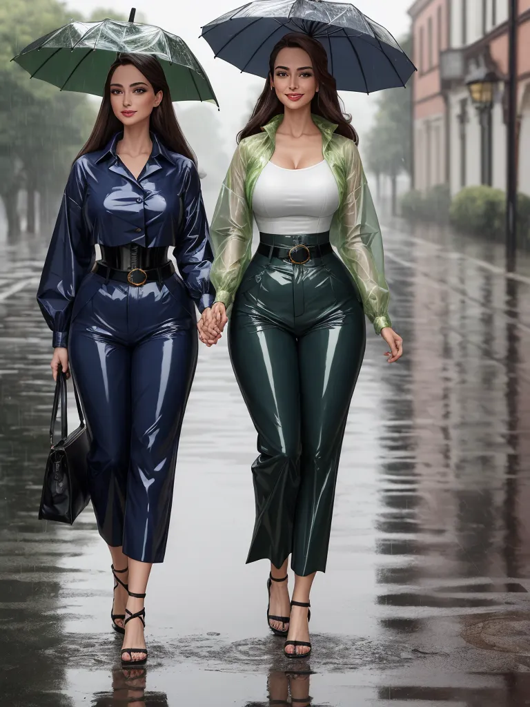 convert photo to 4k quality - two women walking down a street holding umbrellas in the rain, one of them is wearing a white top, by Botero