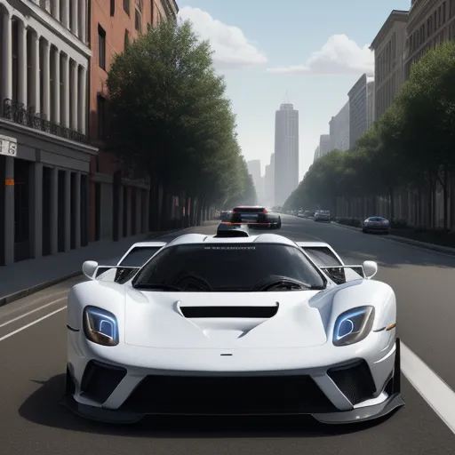 turn photo to hd - a white sports car driving down a street next to tall buildings and tall buildings with a police car on top, by Hendrik van Steenwijk I