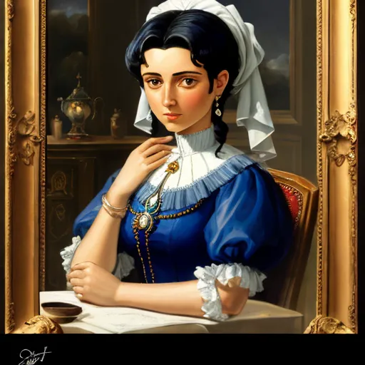 best free ai image generator - a painting of a woman in a blue dress sitting at a table with a cup of coffee in front of her, by August Querfurt