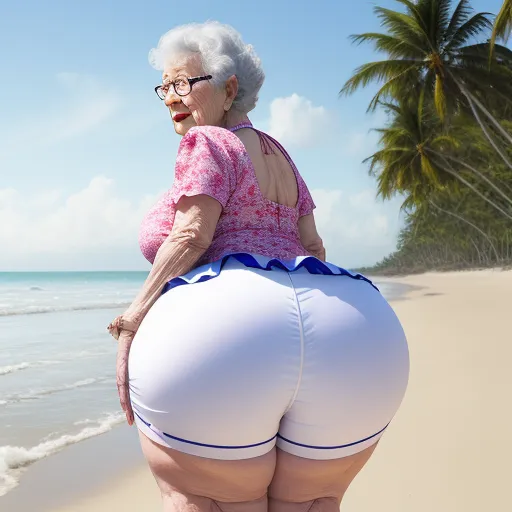 make a photo high res - a woman in a pink top and white shorts on a beach with a large butt and a big butt, by Hendrik van Steenwijk I