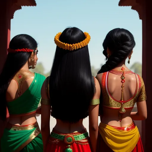 three women in colorful sari are standing together and looking at something in the distance with a sky background, by Kent Monkman