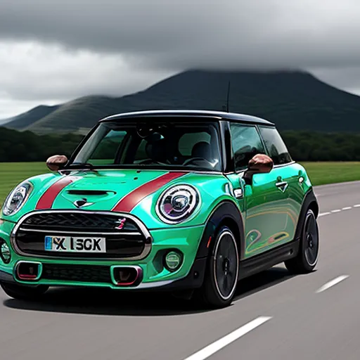 a green mini cooper driving down a road with mountains in the background and clouds in the sky above it, by Bridget Riley
