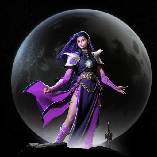 how to fix low resolution photos - a woman in a purple dress standing in front of a full moon with a purple cape and purple hair, by Terada Katsuya