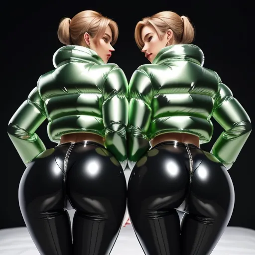 two women in shiny black pants and green jackets are facing each other with their backs to the camera, with one of them facing the other, by Hirohiko Araki