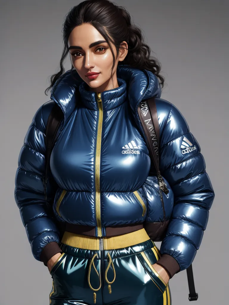 ai generated images from text - a woman in a shiny blue jacket and pants with a backpack on her shoulder and a backpack on her shoulder, by Lois van Baarle