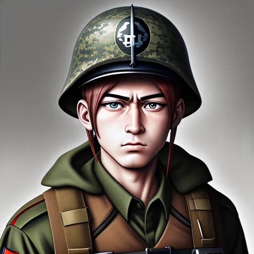 ai text to image - a digital painting of a soldier with a helmet on his head and a gun in his hand, looking at the camera, by Hiromu Arakawa