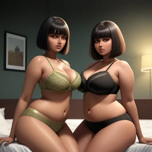 upscaler - two women in lingerie sitting on a bed in a bedroom with a lamp on the wall behind them, by Lois van Baarle