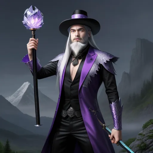 a man in a purple suit holding a crystal wand and a purple flower in his hand and a mountain in the background, by Chen Daofu