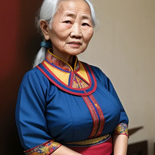 an old woman with white hair and a blue dress with a red and yellow design on it's chest, by Chen Daofu