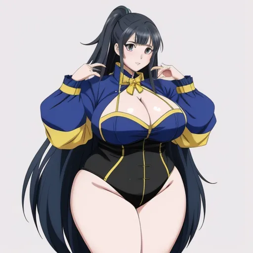 a woman in a blue and yellow outfit with long black hair and a big breast is posing for the camera, by Toei Animations