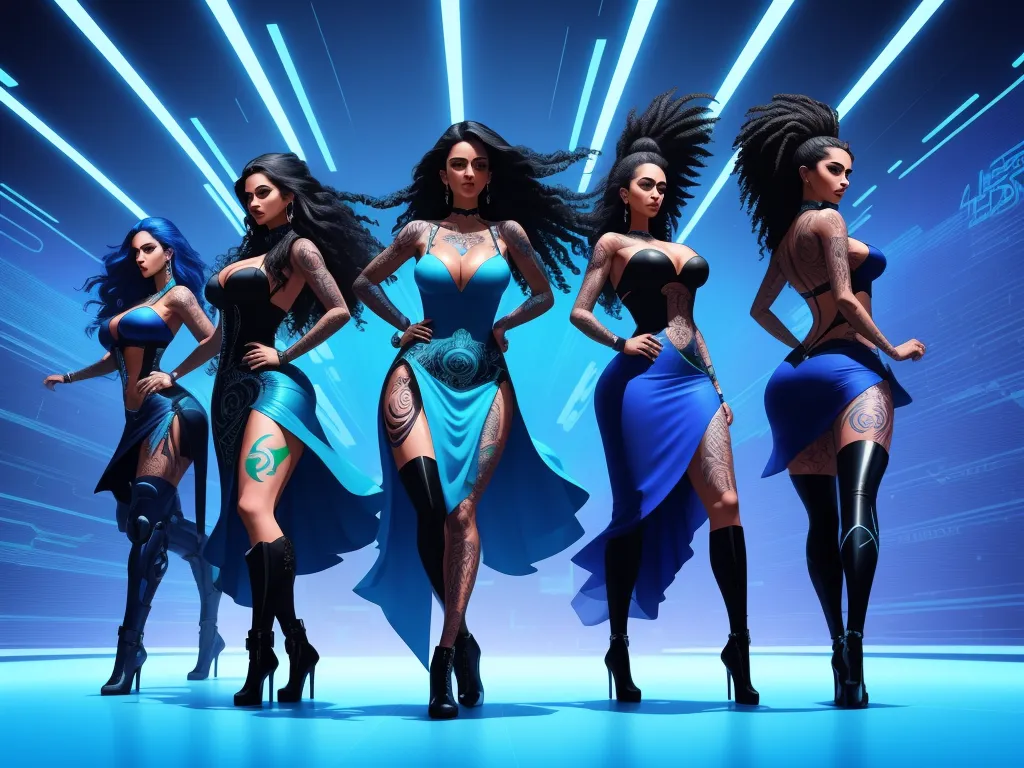 ai image generator names - a group of women in lingerie outfits standing in front of a blue background with lights and beams behind them, by Edmond Xavier Kapp