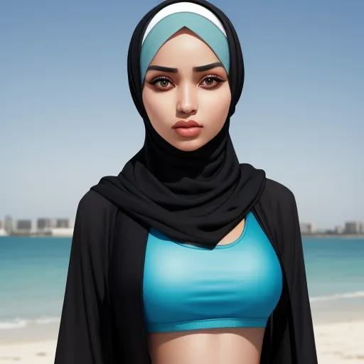 a woman in a blue top and black shawl standing on a beach with the ocean in the background, by Hendrik van Steenwijk I