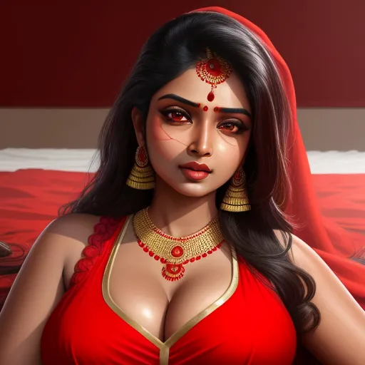 free text to image generator - a woman in a red dress with a red shawl and gold jewelry on her head and chest, with a red blanket behind her, by Raja Ravi Varma