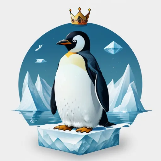 ai that creates any picture - a penguin with a crown on top of it's head sitting on an iceberg with a blue background, by Tom Whalen