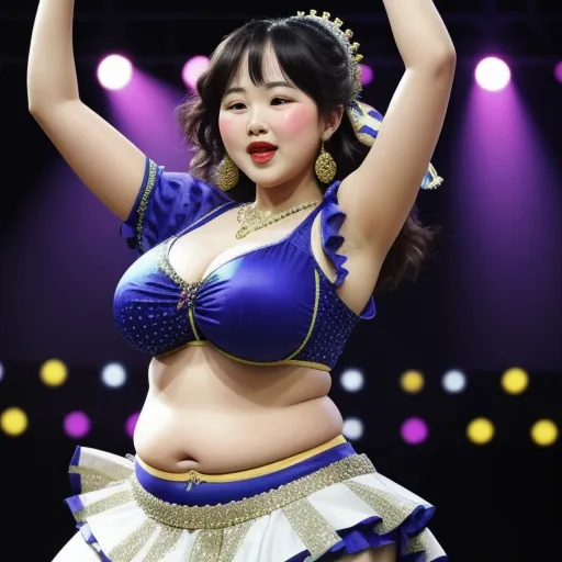 enlarge image - a woman in a blue and white outfit on stage with her arms up in the air and her hands in the air, by Terada Katsuya