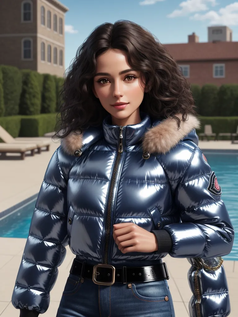 low resolution images - a woman in a shiny blue jacket standing next to a pool with a large building in the background and a pool in the foreground, by Kent Monkman