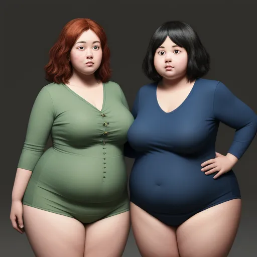 ai based photo editor - two women in bodysuits posing for a picture together, one of them is fat and the other is fat, by Terada Katsuya