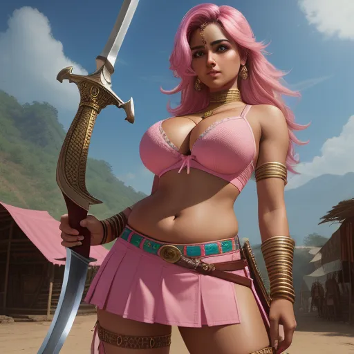 a woman in a pink outfit holding a sword and a sword in her hand and a pink outfit on, by Akira Toriyama